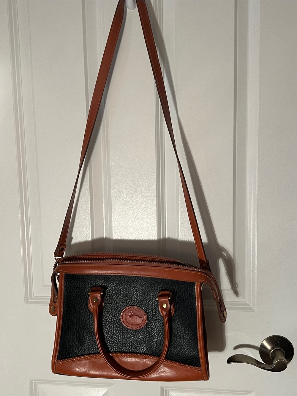 Dooney & Bourke Black Pebbled Leather Satchel with Brown Trim and Strap